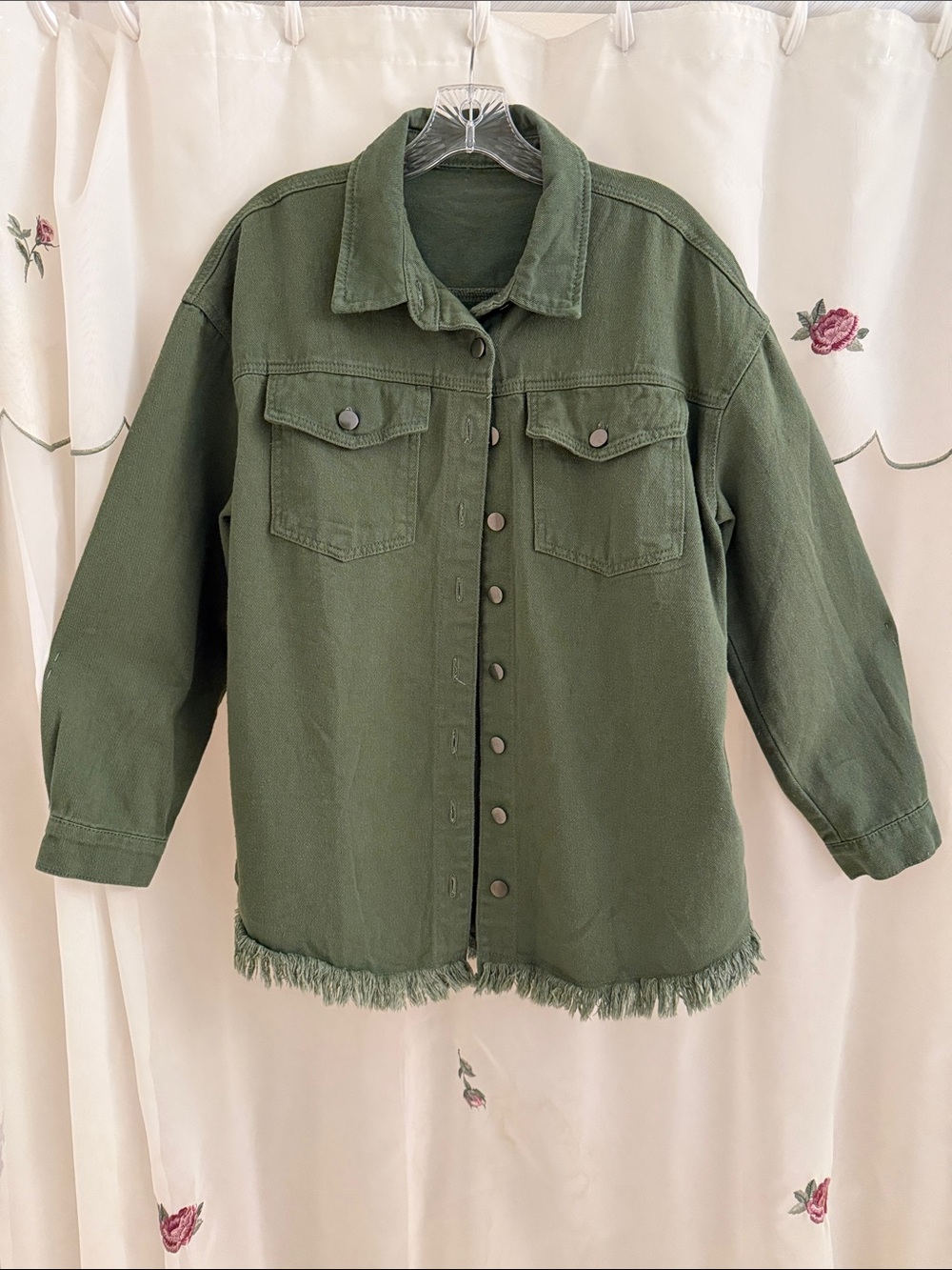 Olive Green Women's Denim Button-Up Jacket with Frayed Hem